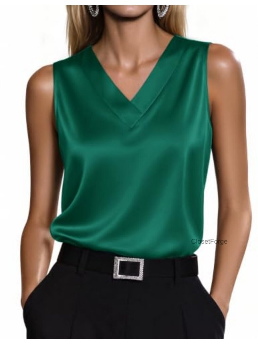 Satin Tank Top V Neck Sleeveless Blouse Women's Work Casual Layering Top